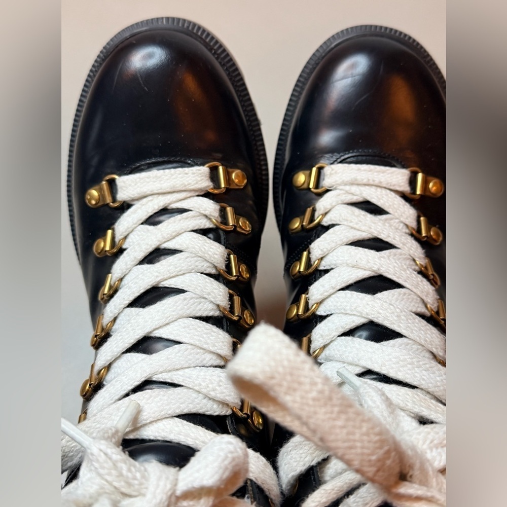 Gucci Black Leather Combat Ankle Boots | White Laces | Gold Accents | Size 7 - Picture 12 of 17